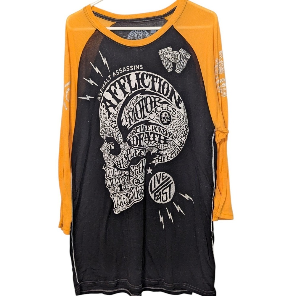 Vintage Y2K Affliction Mens Live Fast Skull Graphic Raglan Shirt Orange Black XL